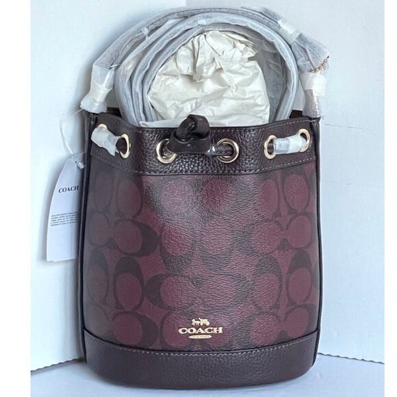 Coach Dempsey CO072 Drawstring Bucket Bag 15 Oxblood Leather Crossbody - Picture 1 of 11